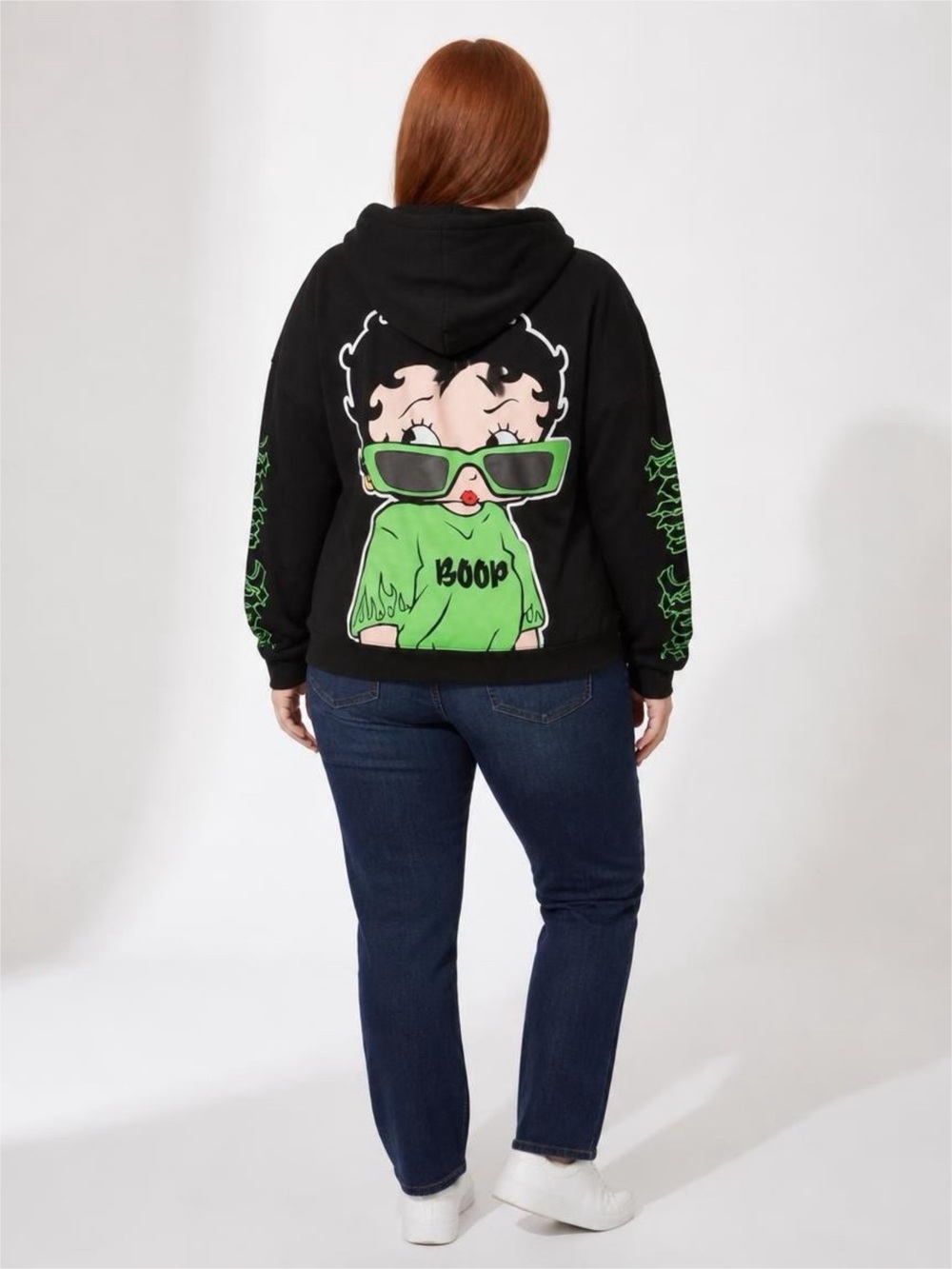 Betty Boop Black Zip Hoodie with Neon Green Details - Picture 2 of 6